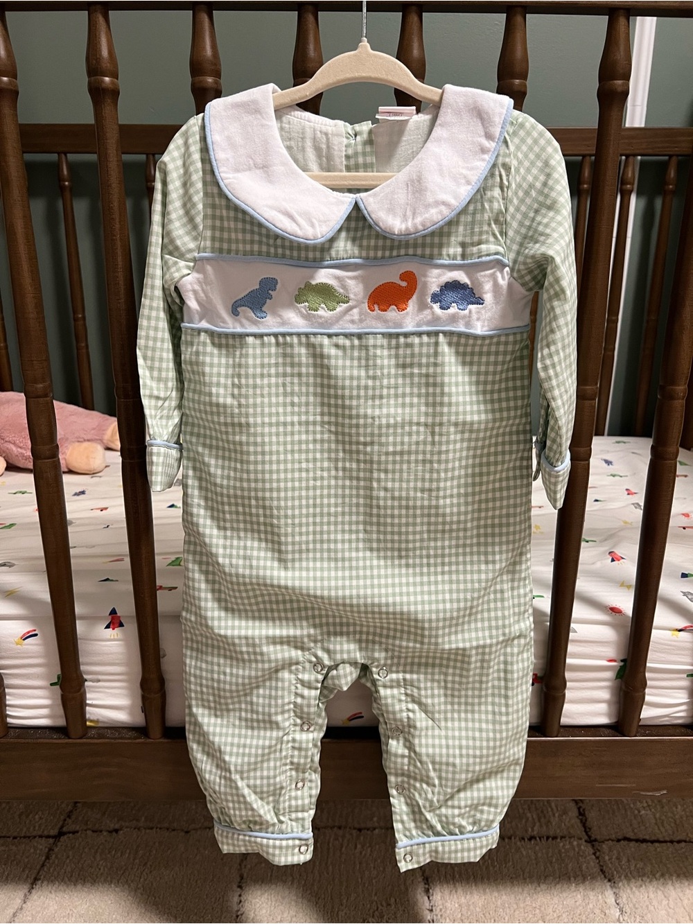 Green Gingham Dino Smocked One-Piece Bodysuit for Kids